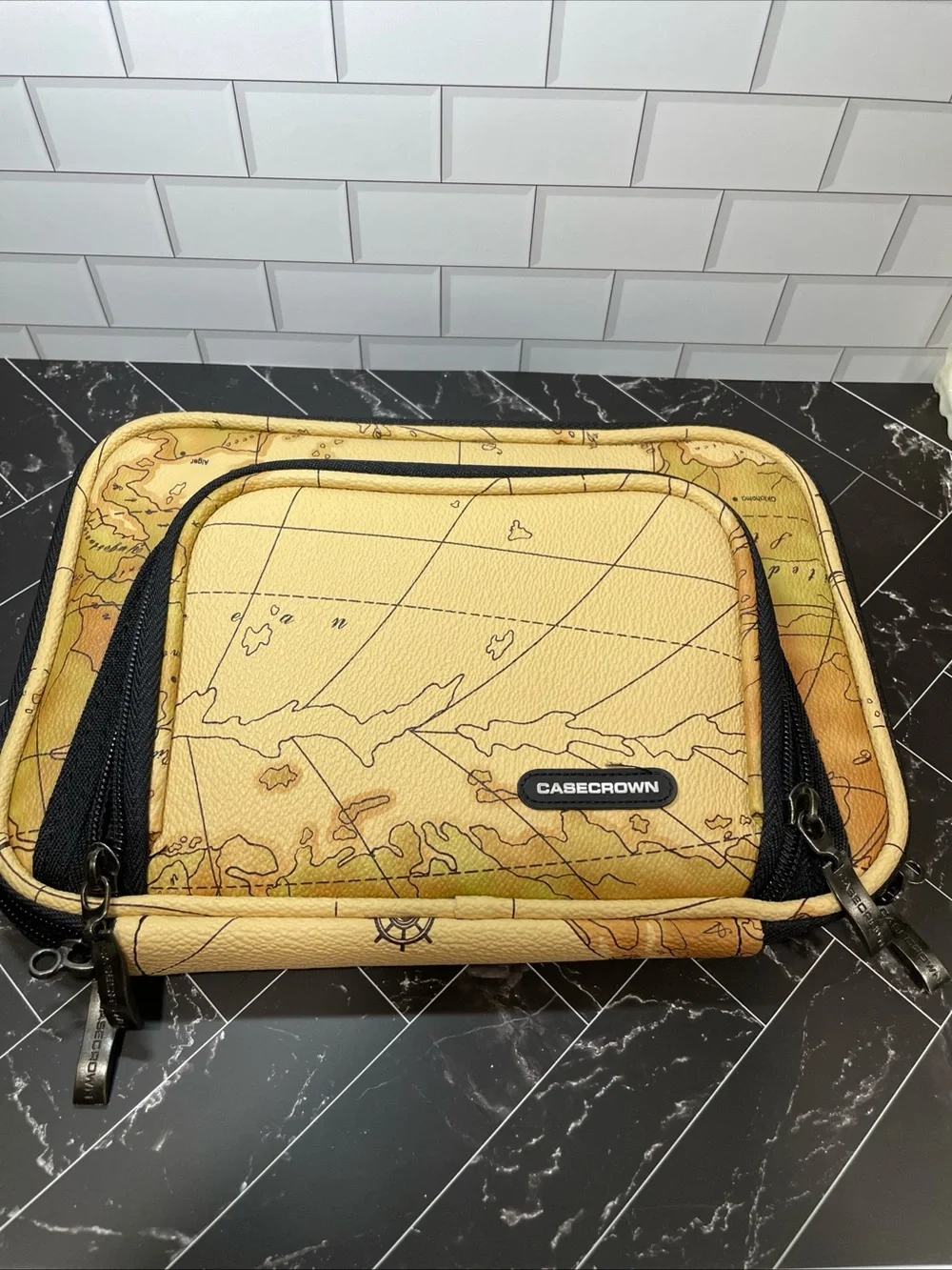 Crown Map-Print Travel Pouch in Beige and Black - Picture 4 of 5